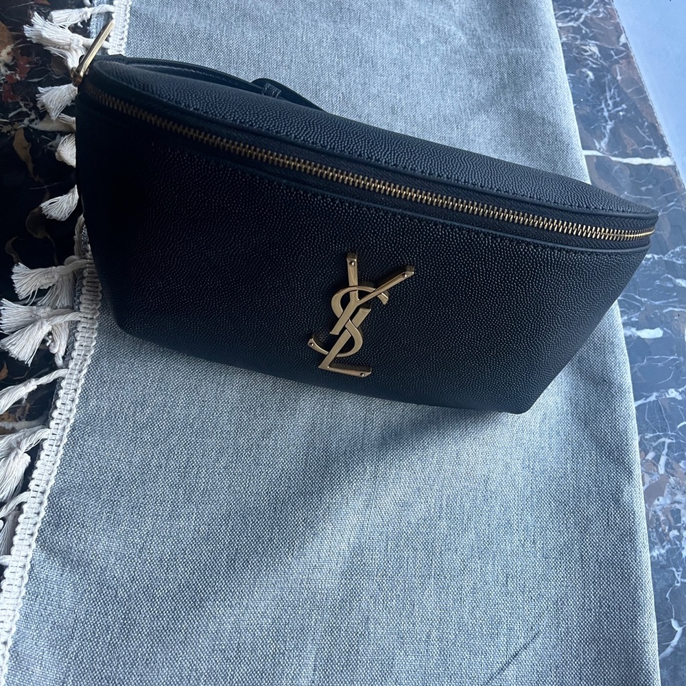 YSL Black Leather Clutch with Gold Logo